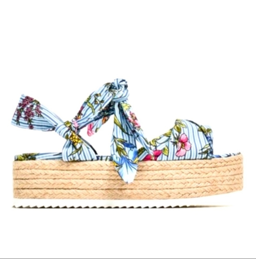 Zara Scarf Ankle Wrap Blue Floral Espadrille Sandals